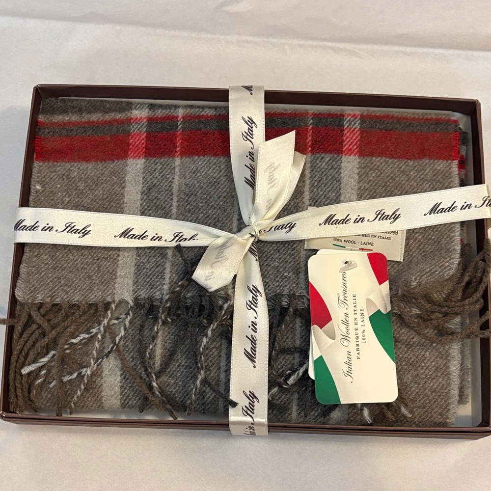 NWT 100% Wool Italian Woollen Treasures Scarf Tan/Brown/Red Plaid 12x70 inches